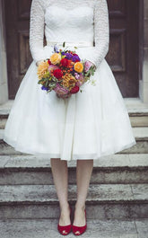 Affordable Country Style Lace Round Neck Tea Length Wedding Dress with 3/4 Sleeves,20110637 - DollyGown
